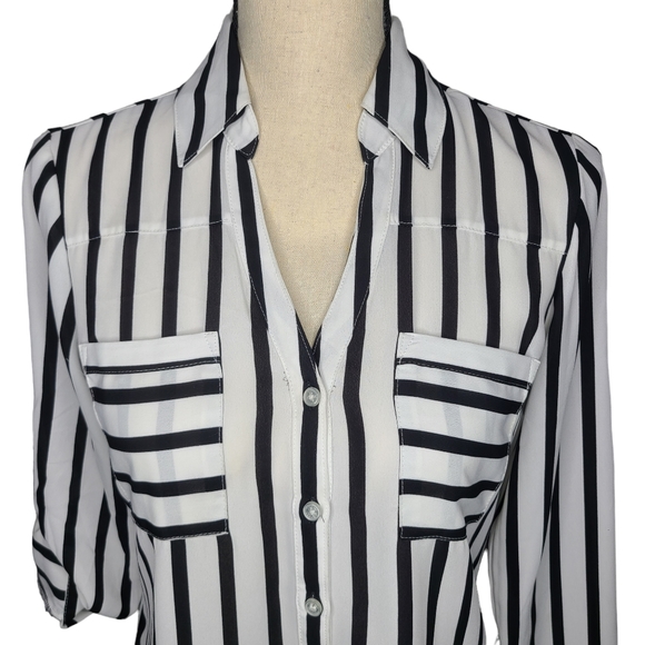 Express White and Black Striped Roll Tab Sleeve Button Front Blouse - Picture 2 of 7